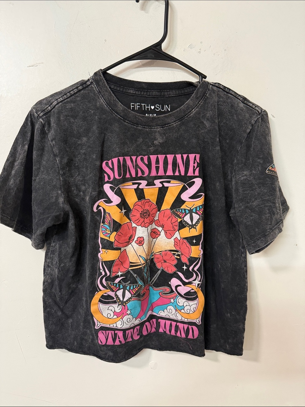 Fifth Sun Black Crop Tee with Pink & Yellow Graphic